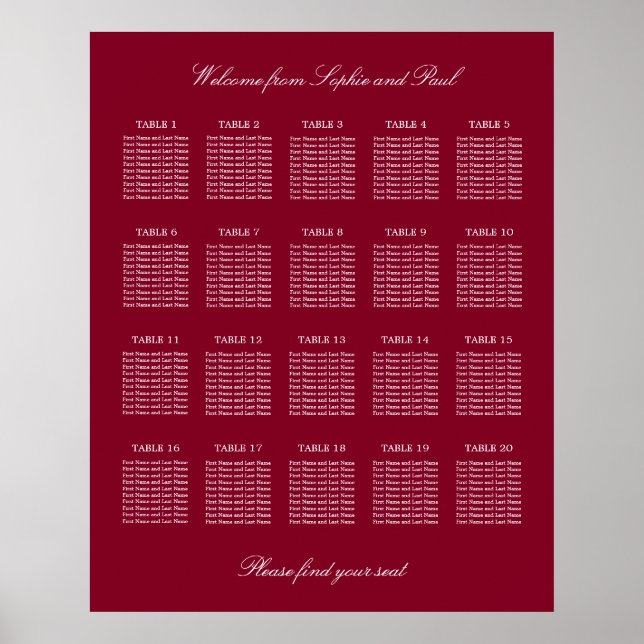 Burgundy 20 Table Wedding Seating Chart Poster (Vorne)