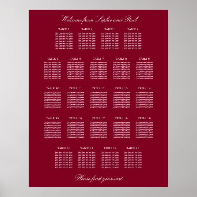 Burgundy 23 Table Wedding Seating Chart Poster (Vorne)