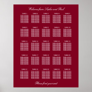 Burgundy 25 Table Wedding Seating Chart Poster