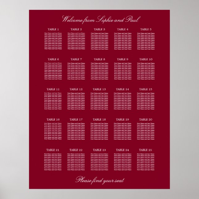 Burgundy 25 Table Wedding Seating Chart Poster (Vorne)
