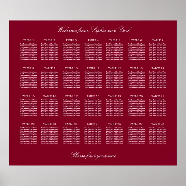 Burgundy 28 Table Wedding Seating Chart Poster (Vorne)