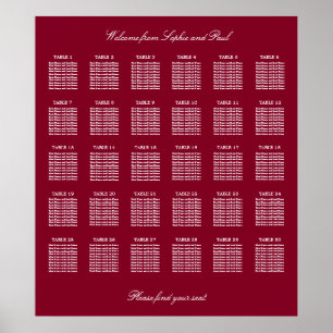 Burgundy 30 Table Wedding Seating Chart Poster