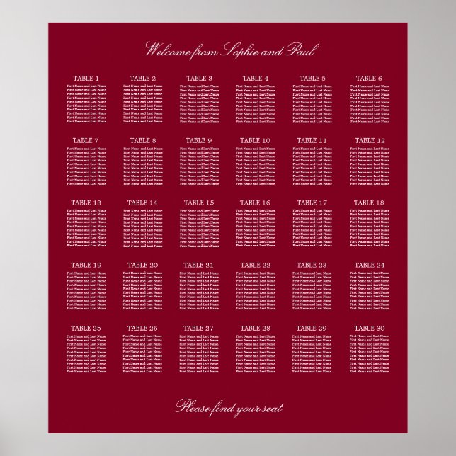 Burgundy 30 Table Wedding Seating Chart Poster (Vorne)