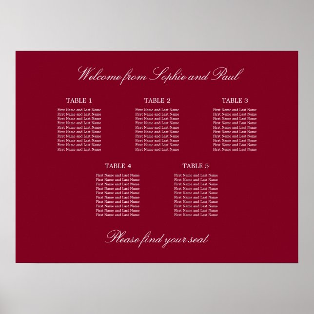 Burgundy 5 Table Wedding Chart Poster (Vorne)