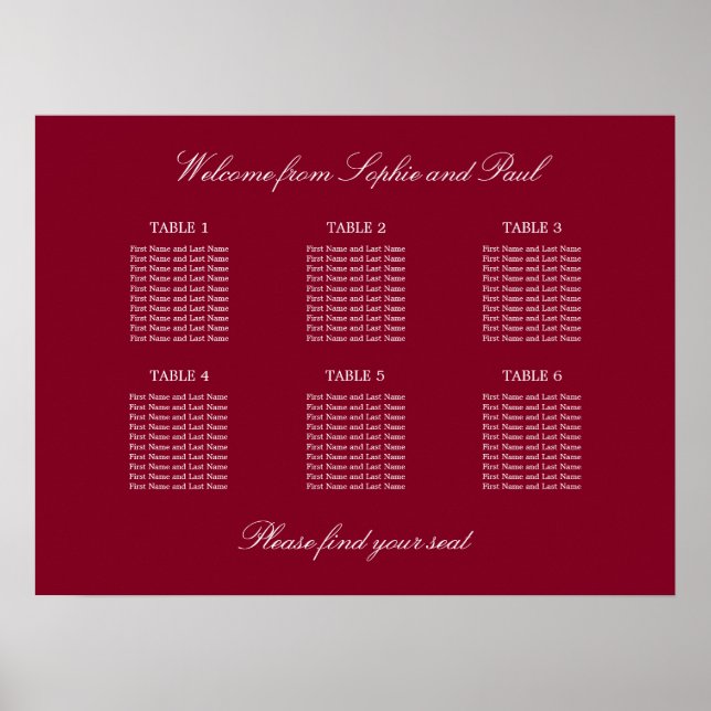 Burgundy 6 Table Wedding Chart Poster (Vorne)
