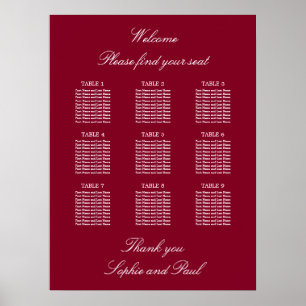 Burgundy 9 Table Wedding Chart Poster