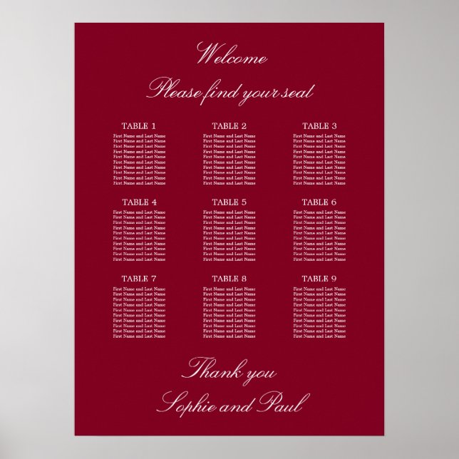 Burgundy 9 Table Wedding Chart Poster (Vorne)