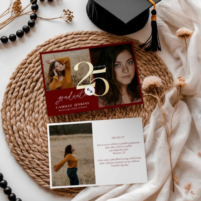 Burgundy-Abschluss-Klasse 2025-Party Folieneinladung (Modern Simple Gold Foil Graduation Party invite)