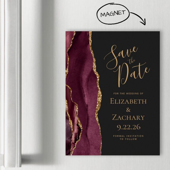 Burgundy Agate Gold Dark Magnetic Save the Date Magnetkarte (Von Creator hochgeladen)