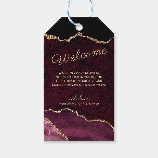 Burgundy Agate Gold Glitzer Wedding Willkommen Geschenkanhänger (Vorderseite)