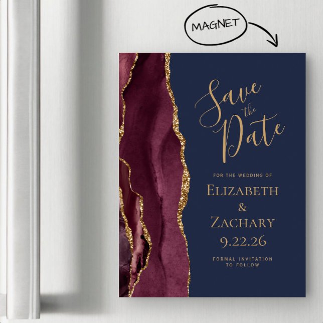 Burgundy Agate Gold Navy Magnetic Save the Date Magnetkarte (Von Creator hochgeladen)