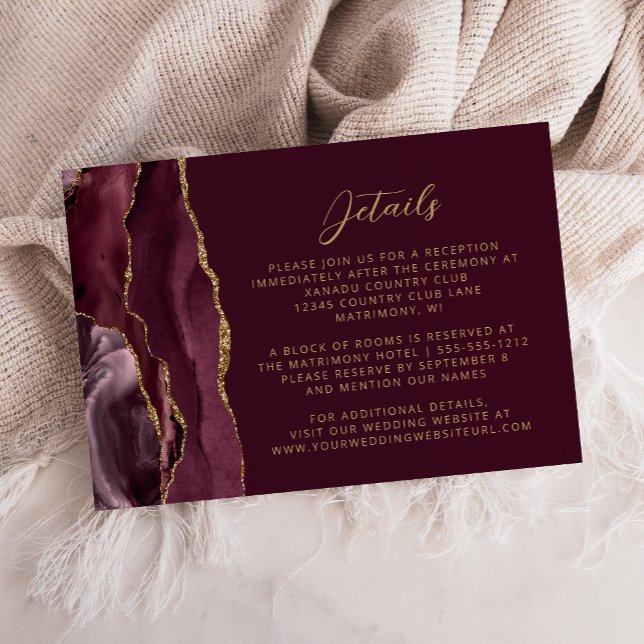 Burgundy Agate Gold Script Wedding Details Begleitkarte (Von Creator hochgeladen)