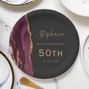 Burgundy Agate Marble Gold Dark 50. Geburtstag Pappteller