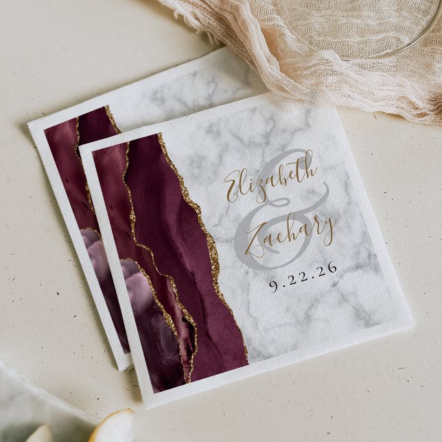 Burgundy Agate Marble Gold Script Wedding Serviette (Von Creator hochgeladen)