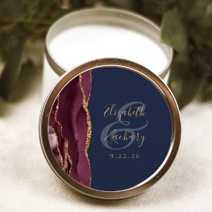 Burgundy Agate Navy Blue Gold Script Hochzeit Runder Aufkleber