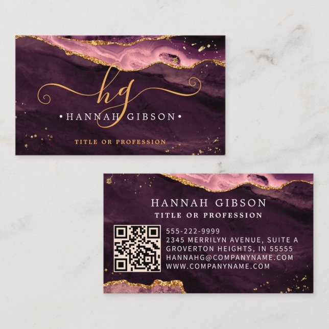 Burgundy Agate Script Monogram QR Code Visitenkarte (Vorne/Hinten)