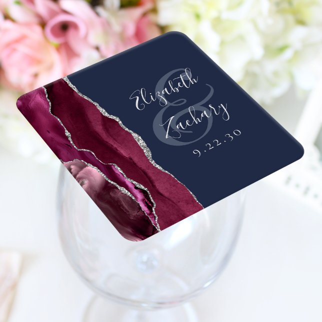 Burgundy Agate Script Silver Navy Blue Wedding Rechteckiger Pappuntersetzer (Von Creator hochgeladen)