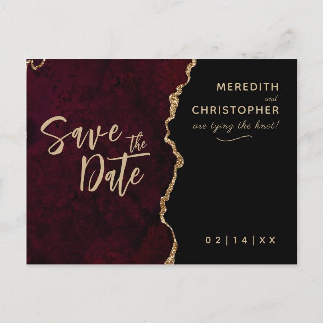Burgundy Agate Wedding Save the Date Ankündigungspostkarte (Vorderseite)