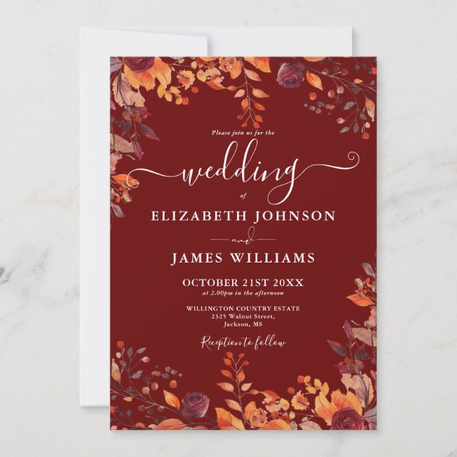 Burgundy All In One Autumn Fall Floral Wedding Einladung (Vorderseite)