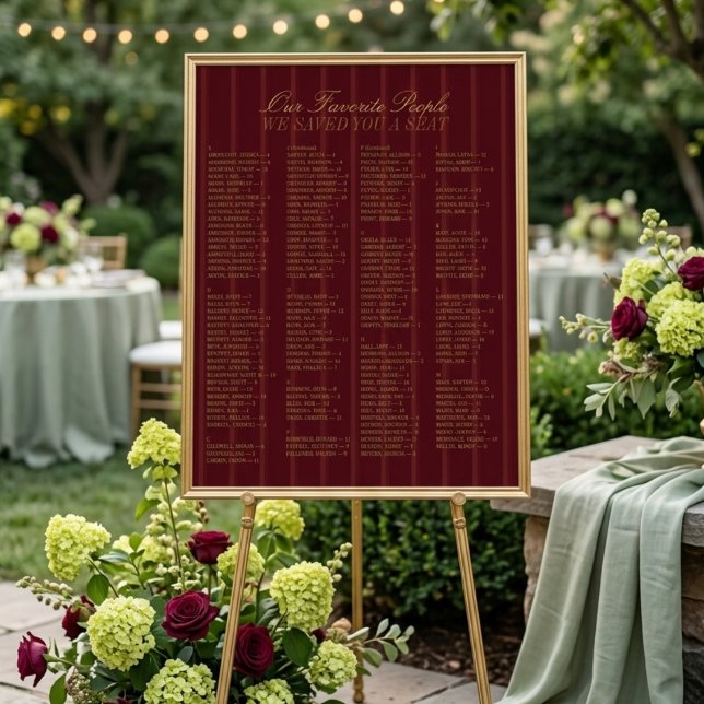 Burgundy Alphabetical Wedding Seating Chart Poster (Burgundy Alphabetical Wedding Seating Chart)