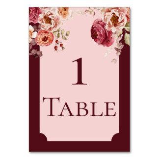 Burgundy and Blush Pink Floral Table Number Card Tischnummer
