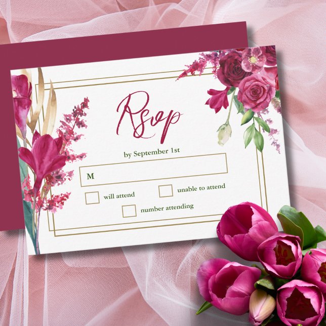 Burgundy and Gold Bloom Garden Wedding RSVP Card (Von Creator hochgeladen)