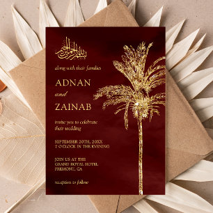 Burgundy and Gold Glitter Date Palm Muslim Wedding Einladung