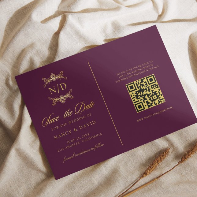 Burgundy And Gold Monogram Qr Code Wedding Save The Date (Von Creator hochgeladen)