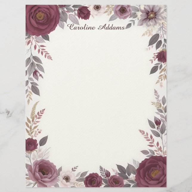 Burgundy and Gray Floral Stationery Paper Briefbogen (Vorderseite)