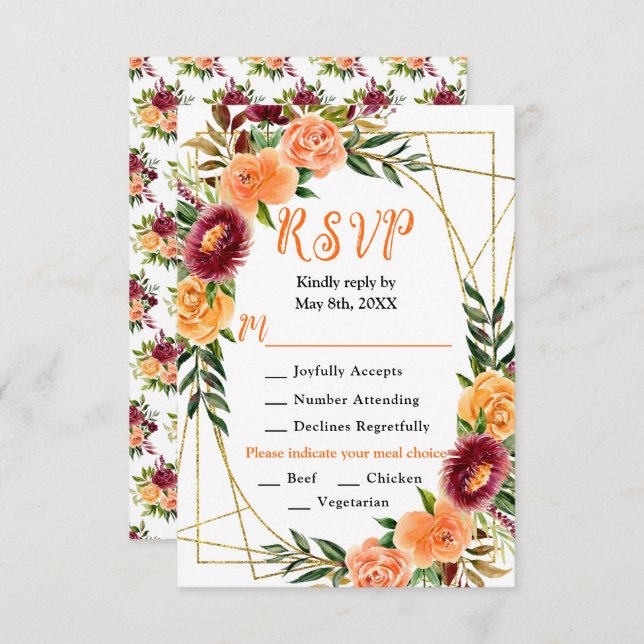 Burgundy and Orange Flowers Wedding RSVP Karte (Vorne/Hinten)
