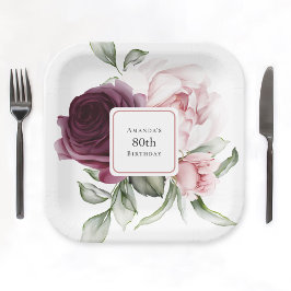 Burgundy and Pink Watercolor Roses 80th Birthday Pappteller