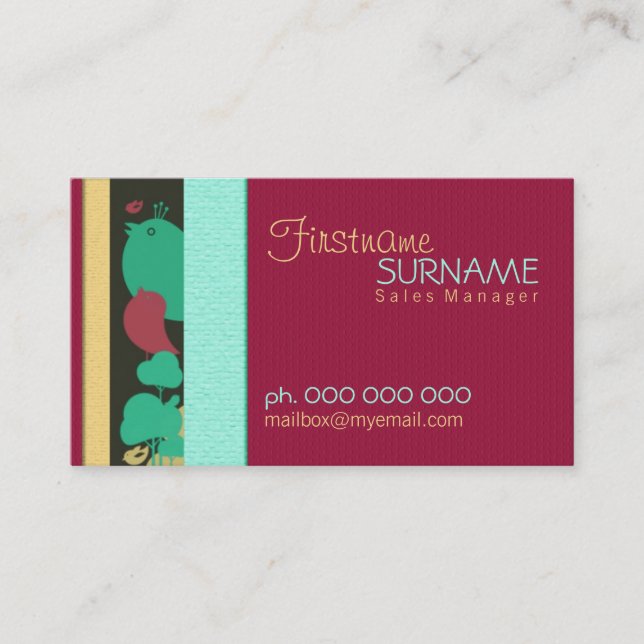 Burgundy Aqua Birdy Business Cards Visitenkarte (Vorderseite)