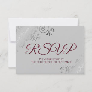 Burgundy auf Gray Elegant Silver Lace Wedding RSVP Karte