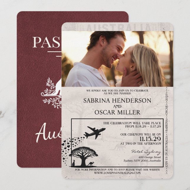 Burgundy Australia Passport Wedding Einladung (Vorne/Hinten)