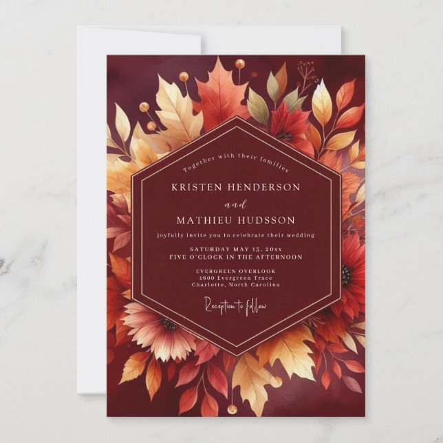 Burgundy Autumn Foliage Wedding Einladung (Vorderseite)