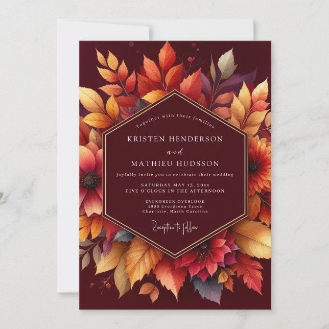 Burgundy Autumnal Floral Romance Wedding Einladung (Vorderseite)