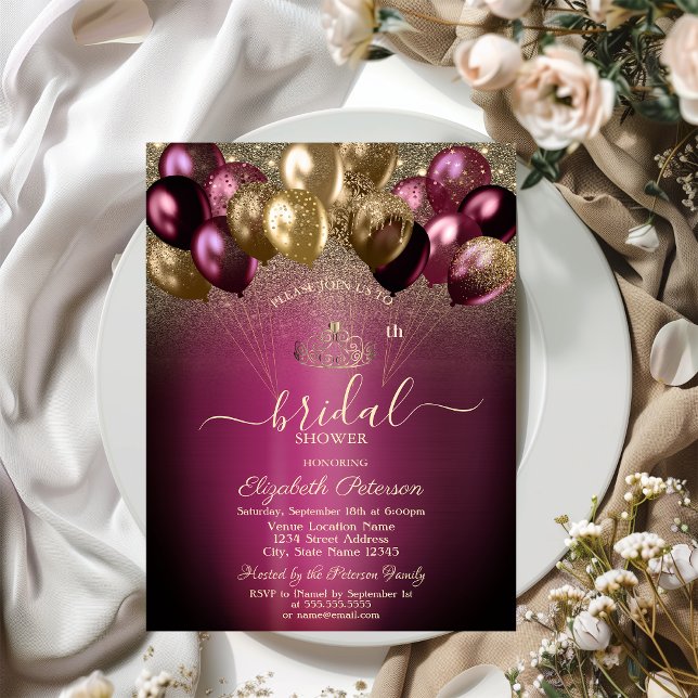 Burgundy Balloons Glitzer Brautparty Einladung (Von Creator hochgeladen)