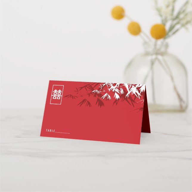 Burgundy Bamboo Blätter Double Xi Chinesische Hoch Platzkarte (Vorderseite)