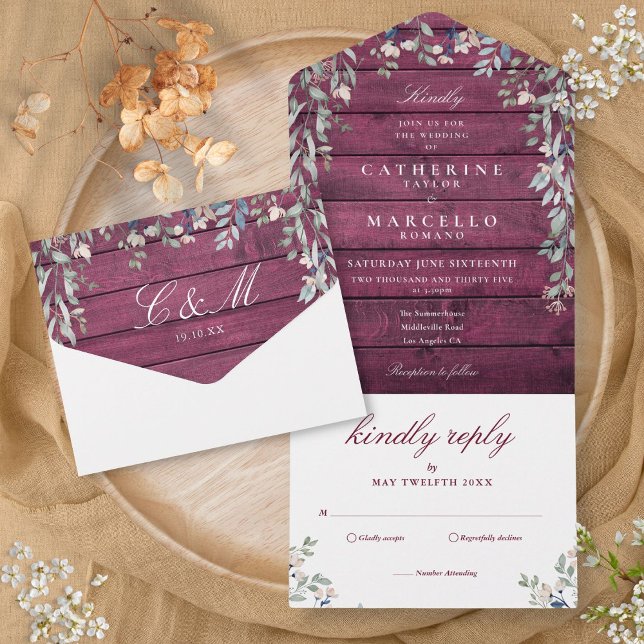 Burgundy Barn Wood Floral Grüne Cascade Wedding All In One Einladung (Burgundy Barn Wood Floral Greenery Cascade Wedding All In One Invitation)