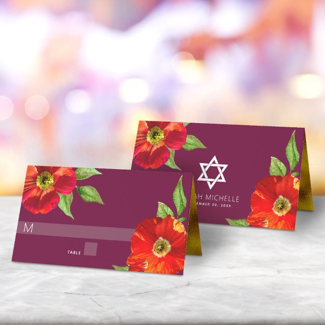 Burgundy Bat Mitzvah Bold Floral Watercolor Modern Platzkarte (Von Creator hochgeladen)