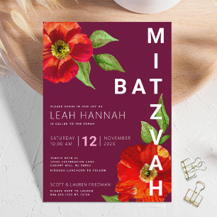 Burgundy Bat Mitzvah Floral Watercolor Modern Einladung