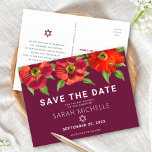 Burgundy Bat Mitzvah Rett Datum Wasserfarbe Einladungspostkarte<br><div class="desc">Achten Sie darauf, dass alle Ihre Freunde und Verwandten den Meilenstein Ihrer Tochter Bat Mitzvah feiern können! Versenden Sie diese schicke, atemberaubende, rot blumenfarbene Wasserfarbe mit modernem san serif type vor bordeauxfarbenem Hintergrund, personalisierte "Save the Date" Ankündigungskarte. Personalisieren Sie den benutzerdefinierten Text mit dem Namen und Datum Ihres Bat Mitzvah....</div>