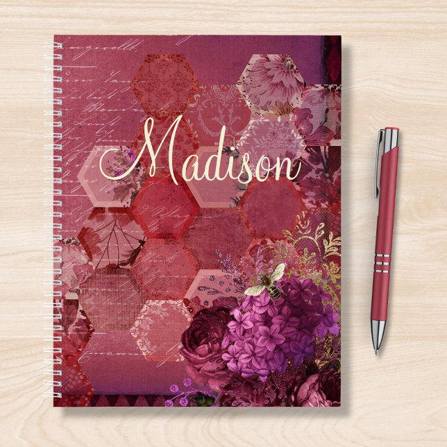 Burgundy Bee Floral Girly Chic Modern Name Notizbuch (Von Creator hochgeladen)