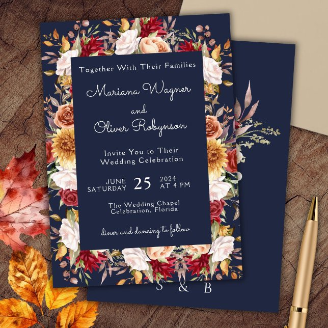 Burgundy Beige Navy Blue Fall Floral Wedding Einladung (Von Creator hochgeladen)