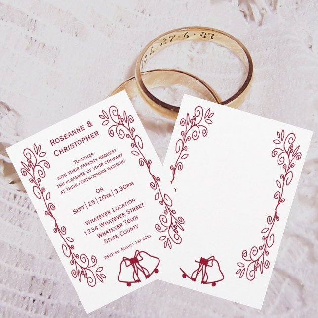 Burgundy Bells Scrollwork Design Wedding Einladung (Burgundy wedding invitation bells and scrollwork design)
