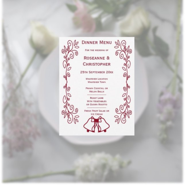 Burgundy Bells Scrollwork Design Wedding Menükarte (Burgundy wedding dinner menu bells and scrollwork design)