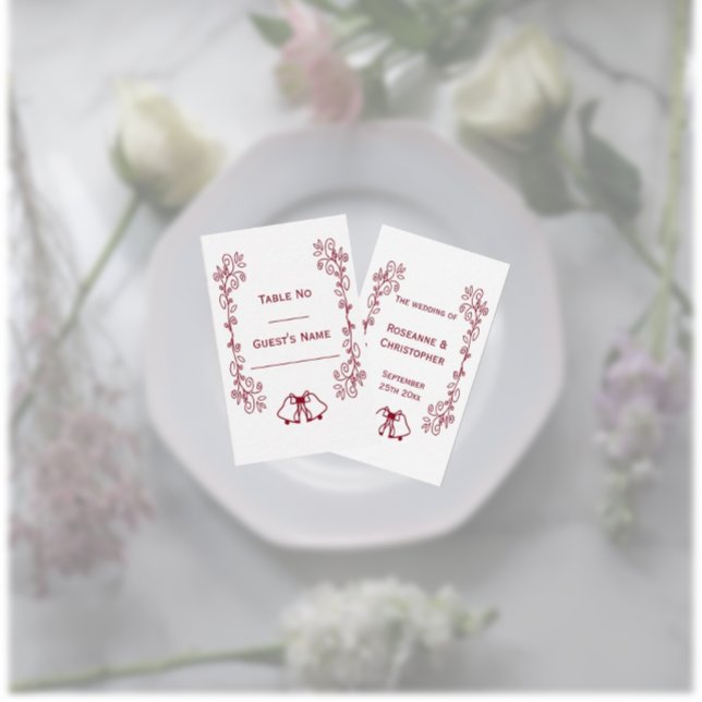 Burgundy Bells Scrollwork Design Wedding Platzkarte (Burgundy wedding reception dinner place cards bells and scrollwork design)