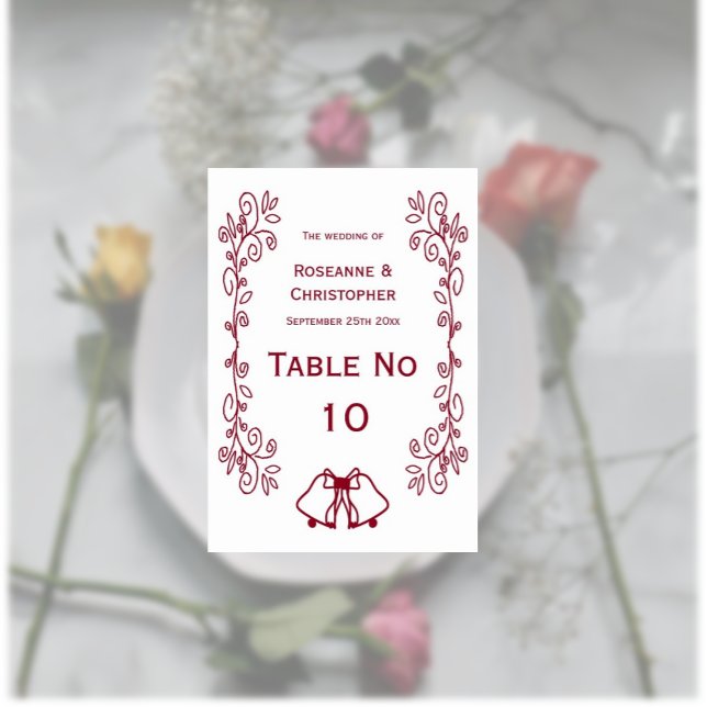 Burgundy Bells Scrollwork Design Wedding Tischnummer (Burgundy wedding dinner table number card bells and scrollwork design)