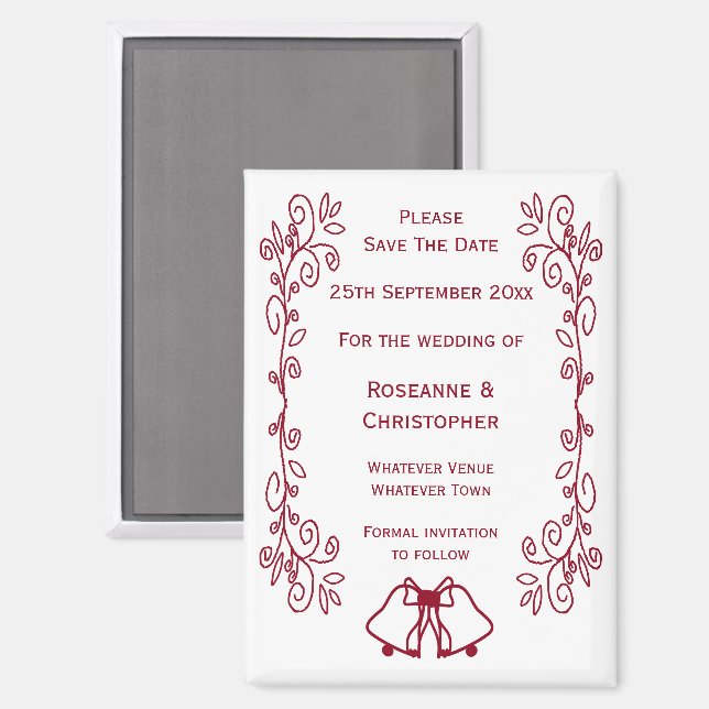 Burgundy Bells Scrollwork Wedding Save the Date Magnet (Vorderseite/Rückseite)