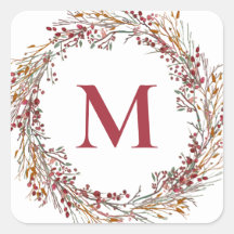 Burgundy Berries Wreath Monogram Holiday